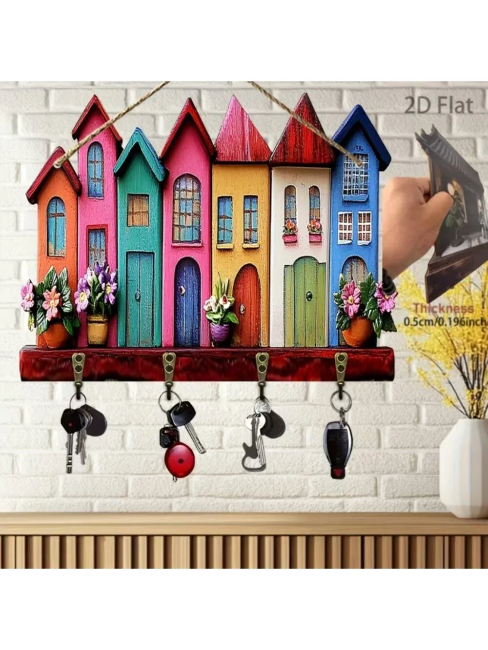 NWT Bohemian Key Rack Colorful Row Houses Wall-Mounted Wooden Key Holder 4 Hooks